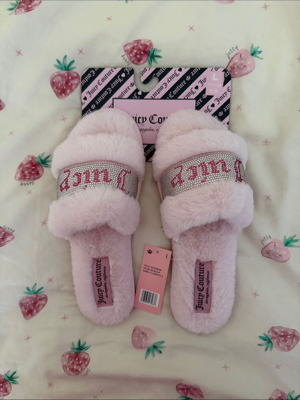 Juicy Couture Light Pink Faux-Fur Slide Slippers with Rhinestone Logo